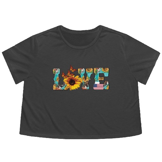 love designs America Vintage 4th of July Western Flowy Cropped Tees