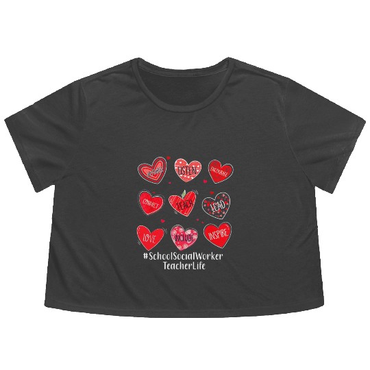 School Social Worker Teacher Hearts Valentine Vale Flowy Cropped Tees