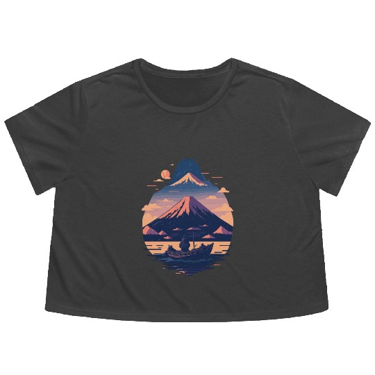 Serene Mount Fuji Sunset Peaceful River Scenery Flowy Cropped Tees