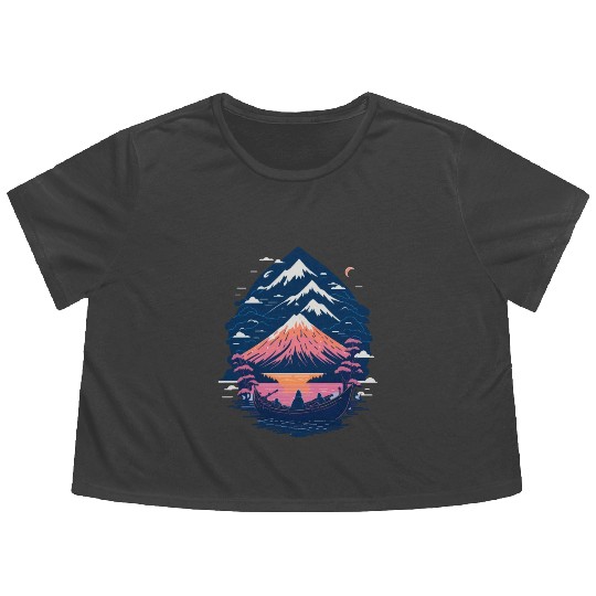 Serene Mount Fuji Sunset Peaceful River Scenery Flowy Cropped Tees