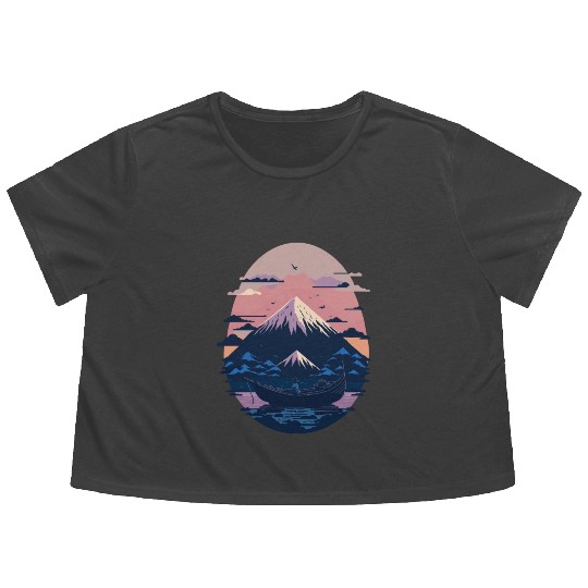 Serene Mount Fuji Sunset Peaceful River Scenery Flowy Cropped Tees