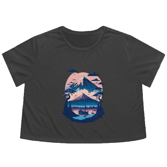 Serene Mount Fuji Sunset Peaceful River Scenery Flowy Cropped Tees
