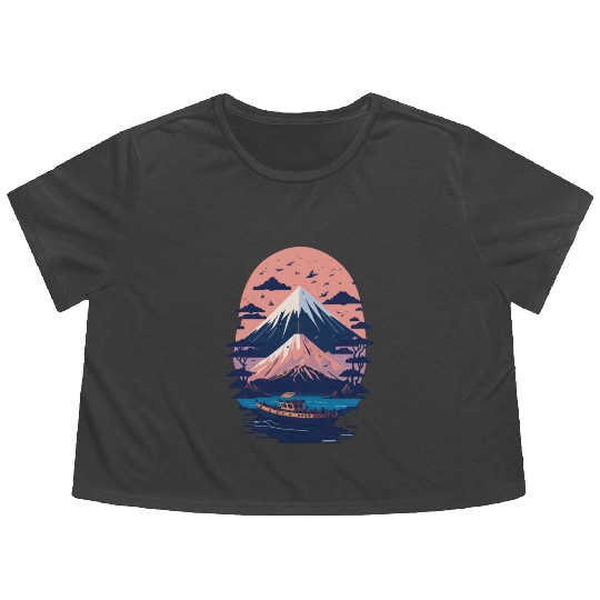 Serene Mount Fuji Sunset Peaceful River Scenery Flowy Cropped Tees