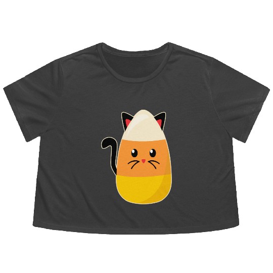 Candy Corn Cat Halloween Flowy Cropped Tees
