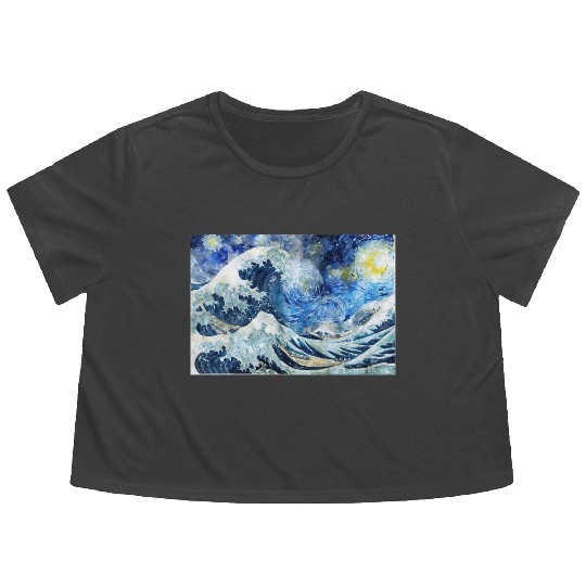 Great Wave During a Starry Night Click on Artist Flowy Cropped Tees