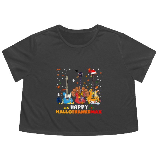 Guitar Happy Hallothanksmas Halloween Thanksgiving Flowy Cropped Tees