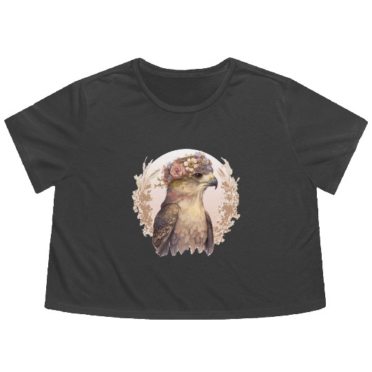 Watercolor Hawk Bird Of Prey Flower Crown Floral B Flowy Cropped Tees