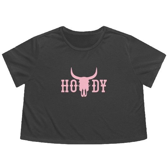 Howdy Cow Skull Western Cowboy Cowgirl Rodeo Howdy Flowy Cropped Tees