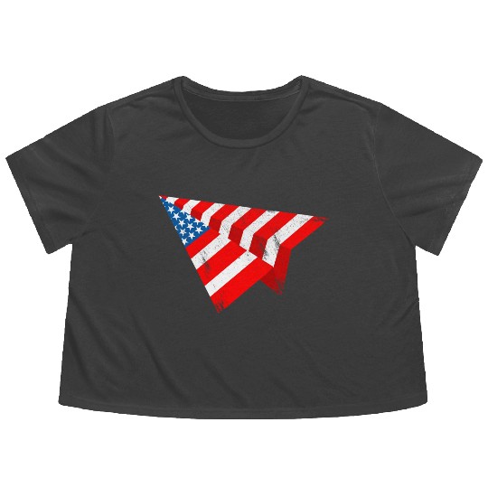 American Flag Paper Plane 4Th Of July Patriotic Us Flowy Cropped Tees