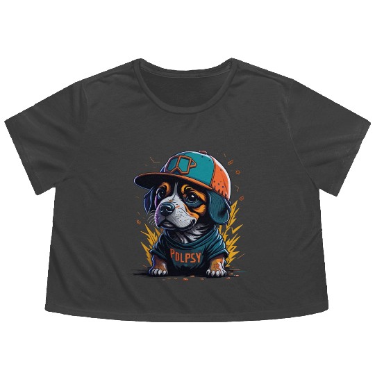 Cute Border Collie Puppy Wearing Baseball Hat Flowy Cropped Tees