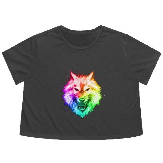 Bright Colorful Wolf Head – Rainbow Howling Wolf F Flowy Cropped Tees