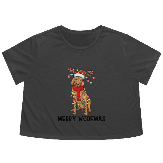Vizsla Dog Lights Merry Woofmas Flowy Cropped Tees