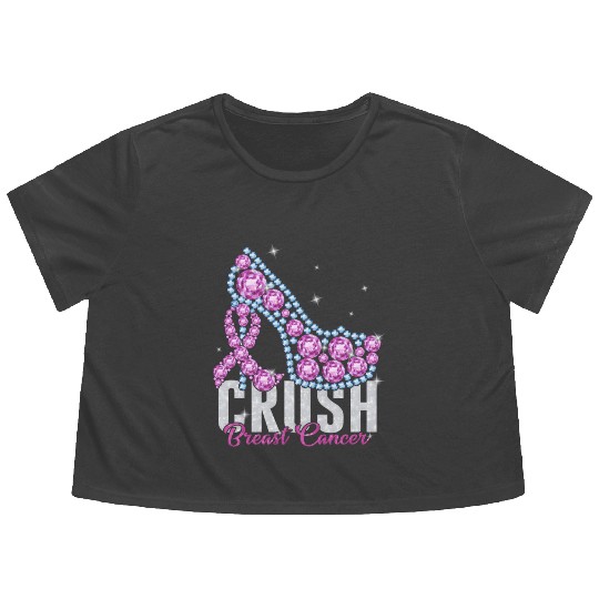 Crush Breast Cancer Bling Ribbon Flowy Cropped Tees
