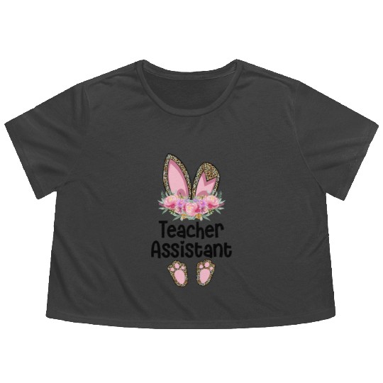 Easter Bunny Ear Teacher Leopard Teacher Assistant Flowy Cropped Tees