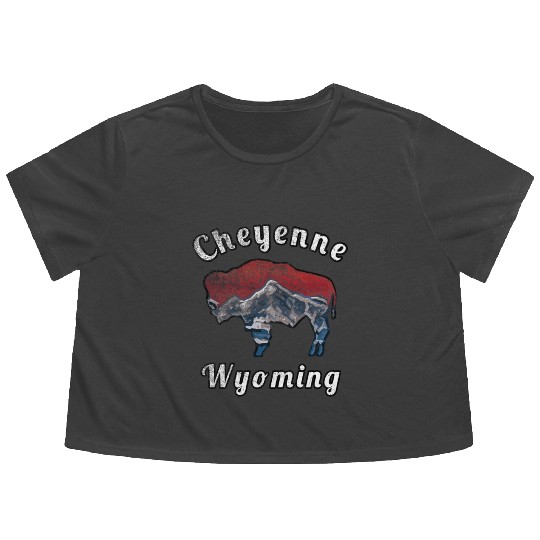 Cheyenne Wyoming With Flag Themed Mountain Scenery Flowy Cropped Tees