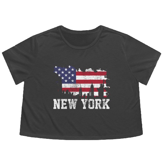 New York City Nyc Skyline Usa Flag America Flowy Cropped Tees