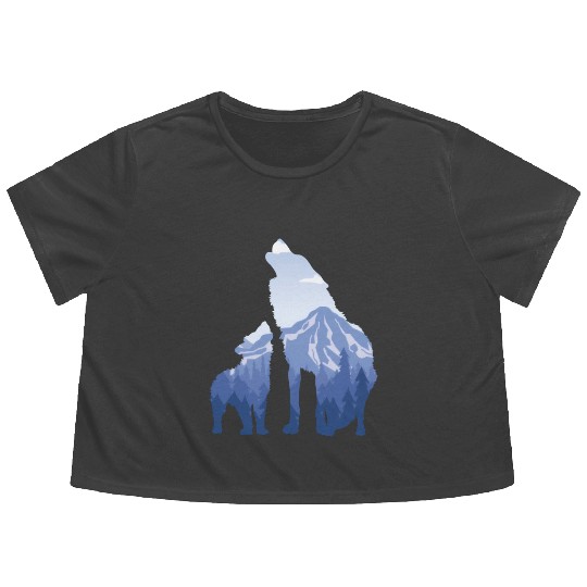 Wolf And Puppy Husky Mountains Nature Hiking Flowy Cropped Tees