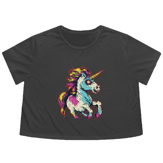 Horror Scary Zombie Unicorn Vintage Flowy Cropped Tees
