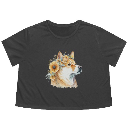 Watercolor Shiba Inu Sunflower Dog Breed Pet Puppy Flowy Cropped Tees