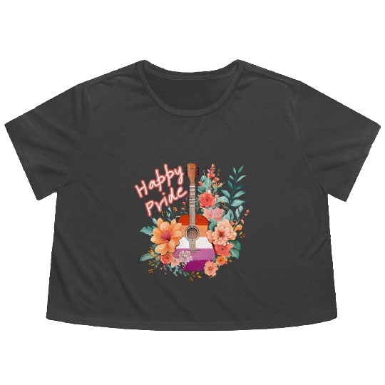 LGBTQ Happy Pride, Retro Guitar & Flowers, Lesbian Flowy Cropped Tees