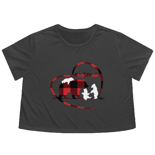 Mama Bear 3 Cubs Red Buffalo Plaid Heart For Mom Flowy Cropped Tees