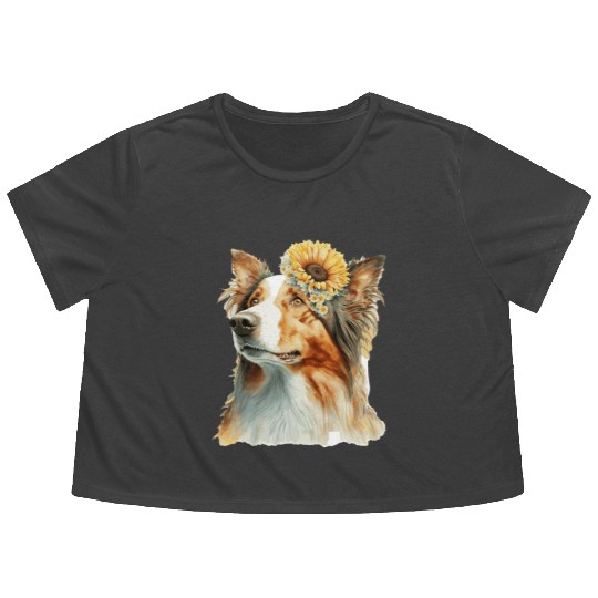 Cute Border Collie Sunflower Dog Breed Pet Puppy Flowy Cropped Tees