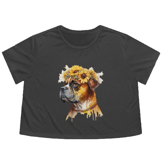 Cute Boxer Sunflower Dog Breed Pet Puppy Flowy Cropped Tees