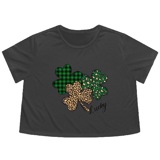 Lucky Leopard Shamrock St Patric Day Flowy Cropped Tees