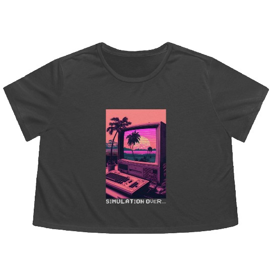 Simulation Over Retro Computer Monitor Vaporwave A Flowy Cropped Tees