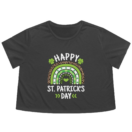 Happy St Patric Day Leopard Print Rainbow Flowy Cropped Tees