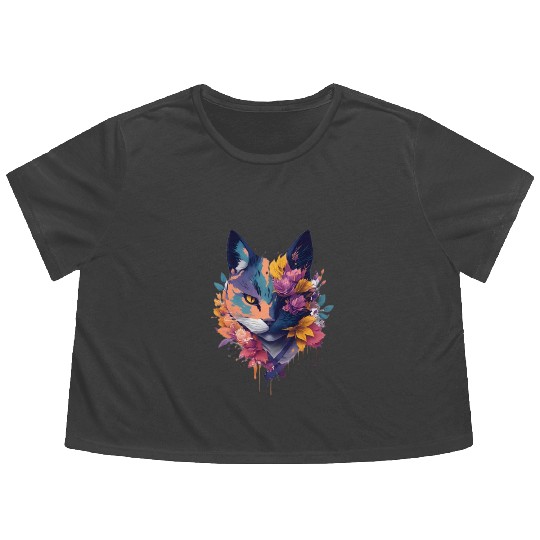 colorful face ninja cat flowers Flowy Cropped Tees