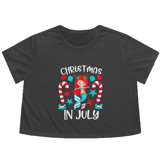 Christmas In July Cute Mermaid Summer Vacation Flowy Cropped Tees