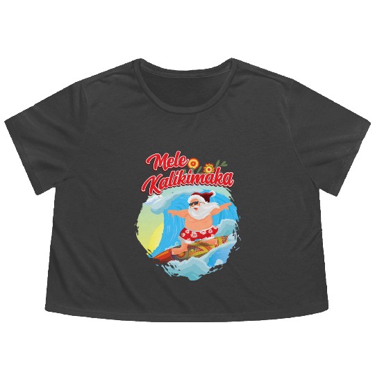 In July Santa Surfing Mele Kalikimaka Flowy Cropped Tees