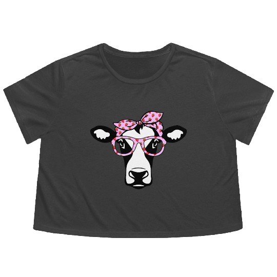 Cow With Bandana Glasses Strawberry Cattle Heifer Flowy Cropped Tees