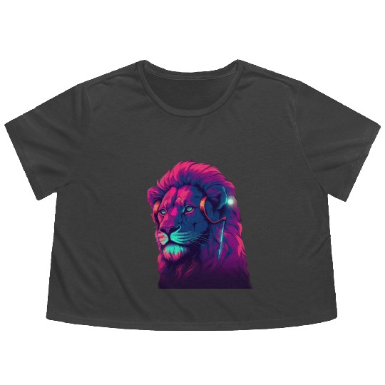 Lionheart Beats The Synthwave Roar of a Lion Flowy Cropped Tees