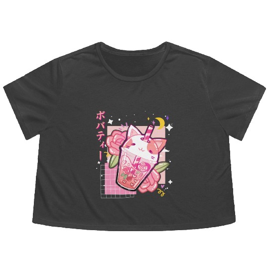 Boba Tea Cat Bubble Tea Kawaii Anime Japanese Flowy Cropped Tees
