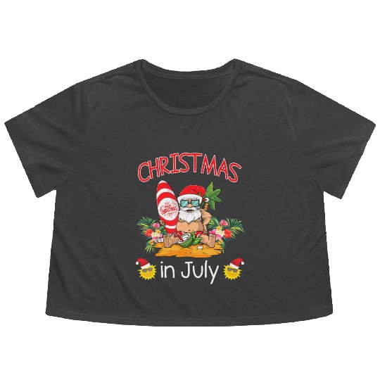 Christmas In July Funny Santa Surfing Summer Flowy Cropped Tees