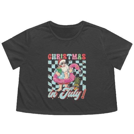 Christmas In July Groovy Santa Flamingo Float Flowy Cropped Tees