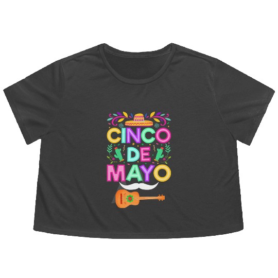 Cinco de Mayo Sombrero Mustache and Guitar Flowy Cropped Tees