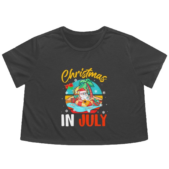 Christmas In July Hawaiian Santa Relaxing On Flowy Cropped Tees