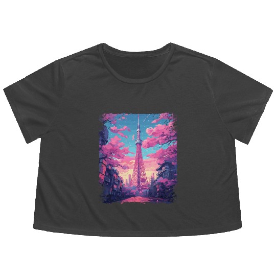 Vaporwave Aesthetic Skytree Tokyo Japanese Sight Flowy Cropped Tees