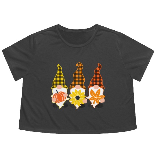 Hello Fall Autumn Plaid Gnomes Leave Pumpkin Flowy Cropped Tees