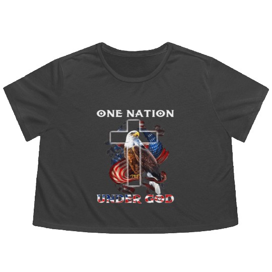 One Nation Under God Jesus Usa Cross Bald Eagle Flowy Cropped Tees