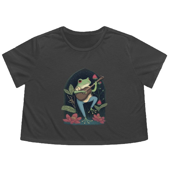 Cottagecore Aesthetic Frog Playing Banjo Flowy Cropped Tees
