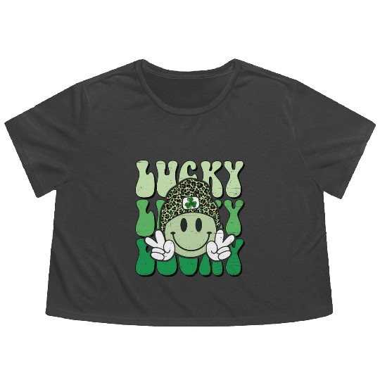 St Patric Day Lucky Shamrock Smile Face Flowy Cropped Tees