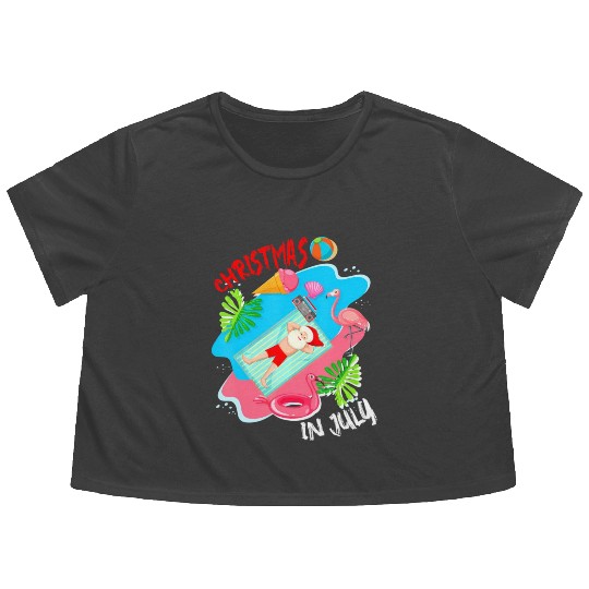 Christmas In July Santa Relaxing On Beach Cute Flowy Cropped Tees