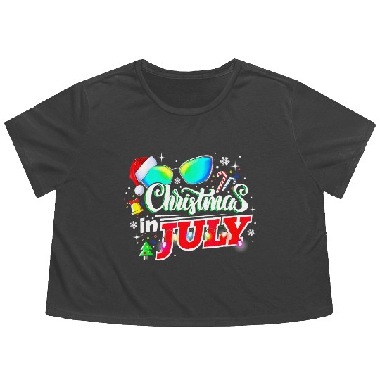 Christmas In July Santa Hat Sunglasses Summer Flowy Cropped Tees