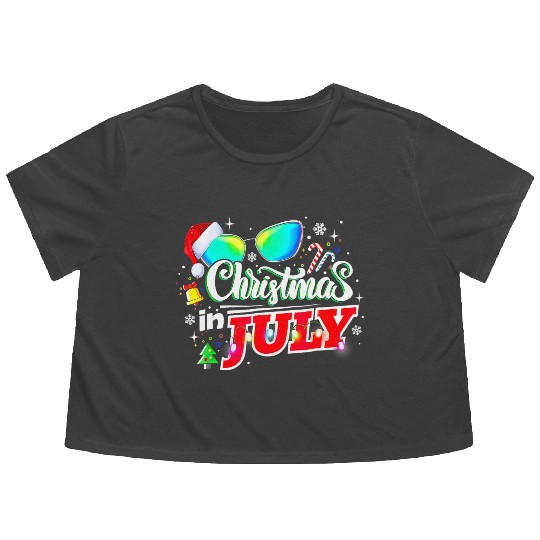 Christmas In July Santa Hat Sunglasses Summer Flowy Cropped Tees