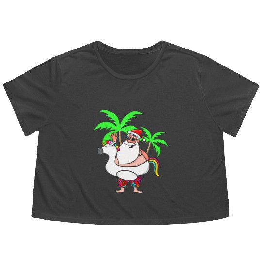 Christmas In July Santa on Vacation Unicorn Pool Flowy Cropped Tees