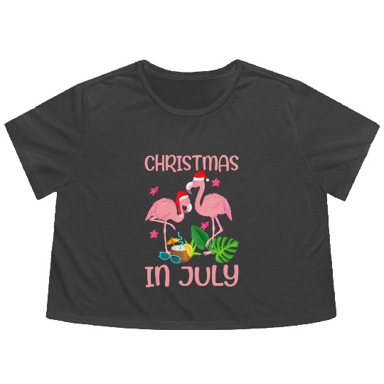 Christmas In July Pink Flamingo Wearing Santa Hat Flowy Cropped Tees